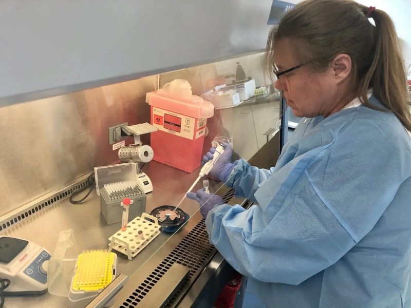 Diane Wylie, a medical technologist at Marshfield Medical Center-Eau Claire, conducts a COVID-19 test.