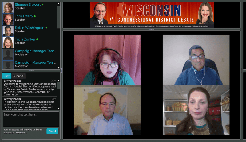 State Sen. Tom Tiffany, R-Hazelhurst, and school board president Trisha Zunker, D-Wausau, debate by teleconference on May 4.