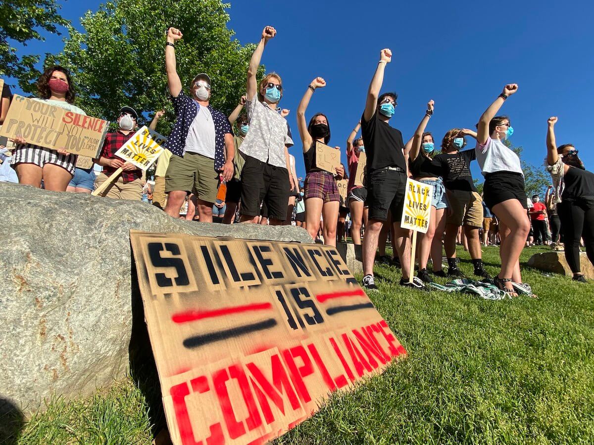 Signs like this one were commonplace at a protest rally in Eau Claire Friday night. The rally was the fifth in Eau Claire since Sunday to protest the killing by Minneapolis police of George Floyd on May 25.