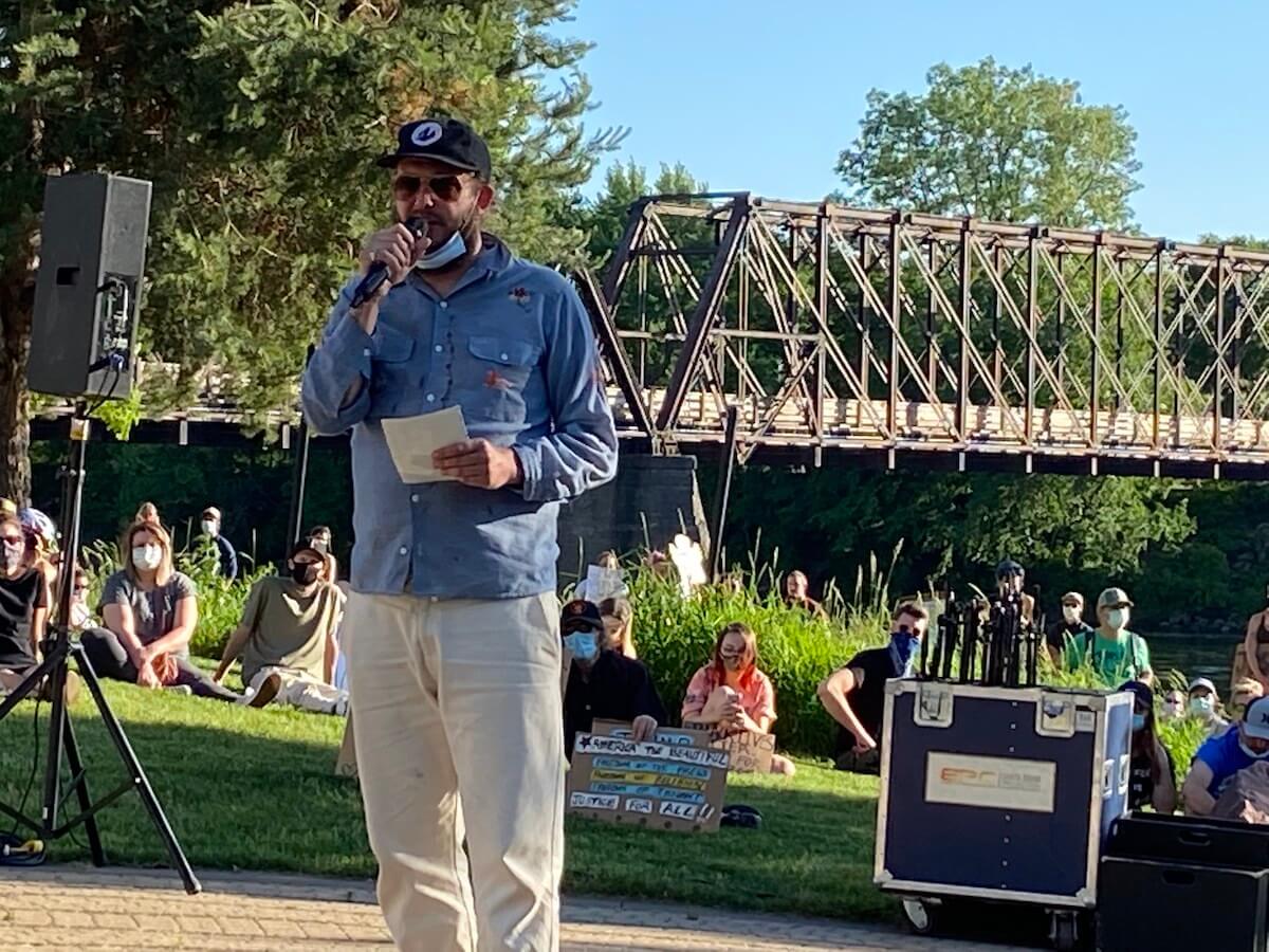 Justin Vernon, leader of the band Bon Iver, was among six speakers at Friday’s protest rally in Eau Claire. Vernon urged those at the event to listen to people of color and to engage in difficult discussions about racism.