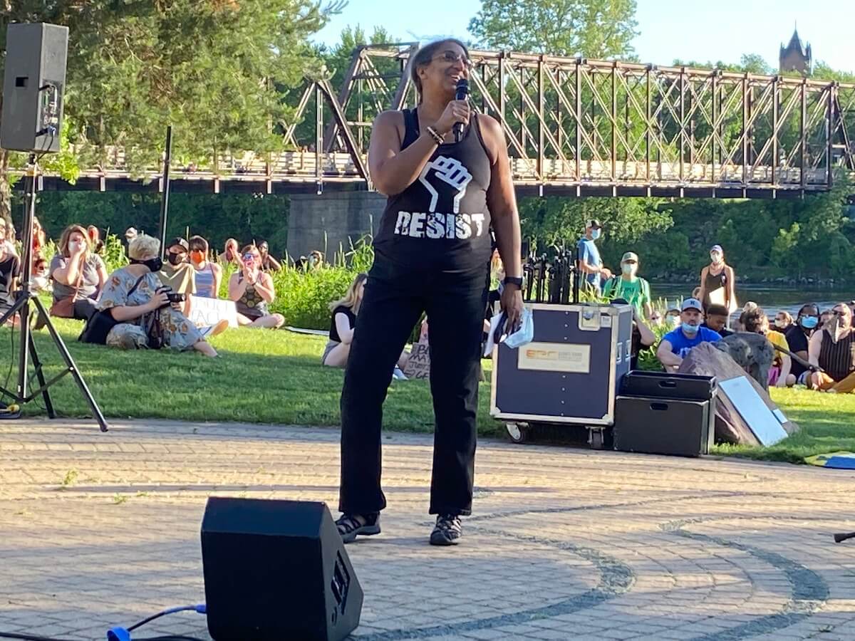Selika Ducksworth-Lawton, president of the Eau Claire organization Uniting Bridges, a civil rights and local advocacy organization, told people at a protest rally in Eau Claire Friday to pressure politicians to make needed changes in police policies.