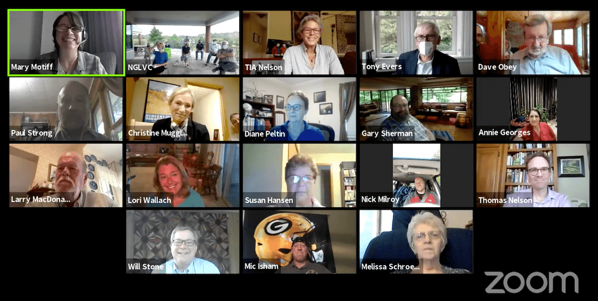 Former U.S. Congressman Dave Obey, upper right, takes part in an online ceremony naming the Northern Great Lakes Visitors Center after him.