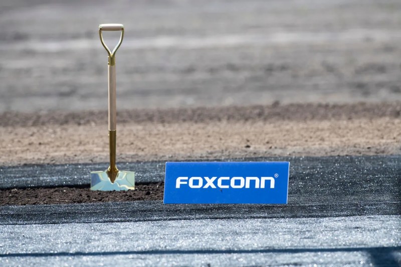 A shovel is set in place before the June 28, 2018 groundbreaking ceremony of what was originally planned as a Foxconn large flat-screen manufacturing facility. (Photo by Yichuan Cao/NurPhoto)