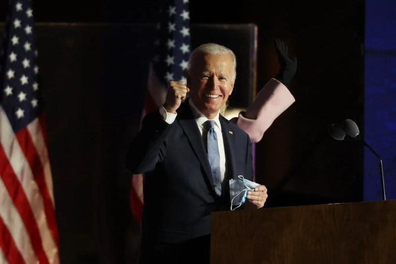 Democratic presidential nominee Joe Biden speaks at a drive-in election night event at the Chase Center in the early morning hours of November 04, 2020 in Wilmington, Delaware.
