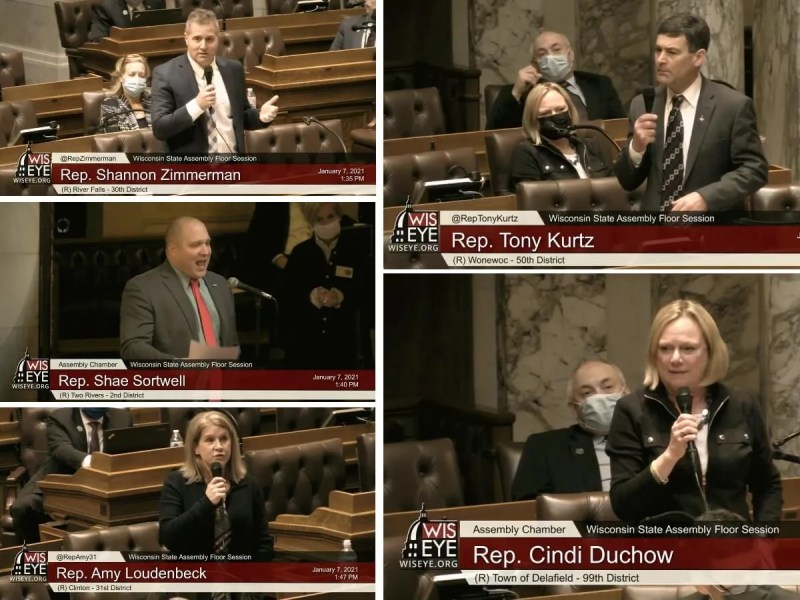 Republican state Assembly representatives speak without protective face masks during floor debate on a bill related to COVID-19 on Jan. 7Republican state Assembly representatives speak without protective face masks during floor debate on a bill related to COVID-19 on Jan. 7Republican state Assembly representatives speak without protective face masks during floor debate on a bill related to COVID-19 on Jan. 7Republican state Assembly representatives speak without protective face masks during floor debate on a bill related to COVID-19 on Jan. 7Republican state Assembly representatives speak without protective face masks during floor debate on a bill related to COVID-19 on Jan. 7