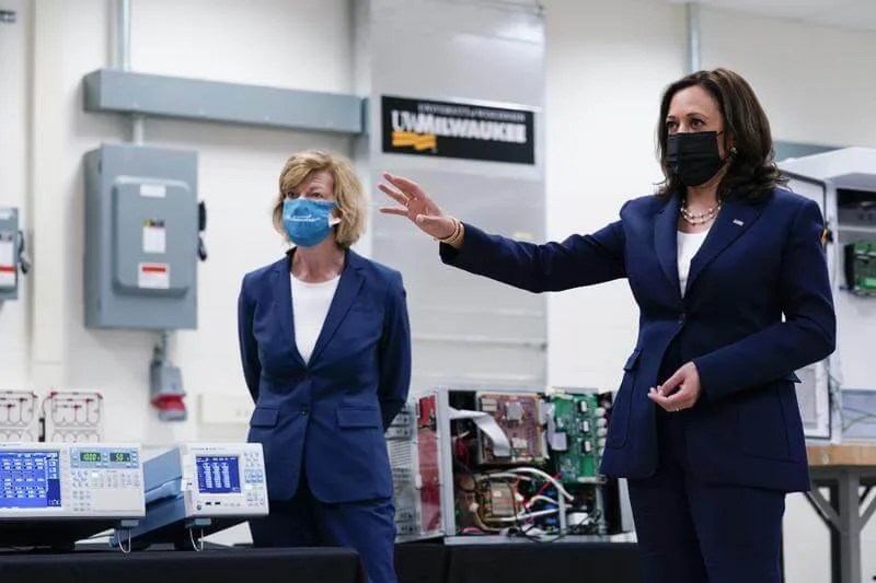 Vice President Kamala Harris tours clean energy laboratories with Sen. Tammy Baldwin, D-Wis., at the University of Wisconsin-Milwaukee during a visit to promote President Joe Biden’s $2 trillion jobs and infrastructure plan, in Milwaukee, Tuesday, May 4, 2021. (AP Photo/Susan Walsh)
