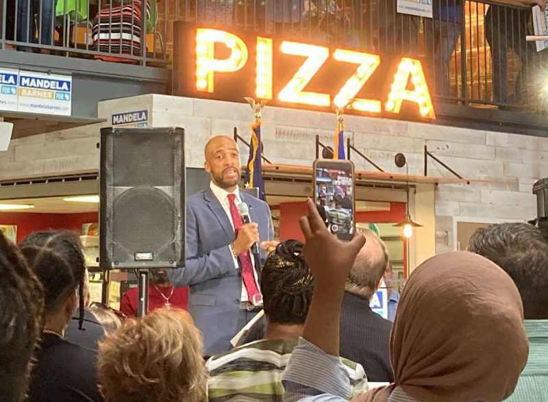 Lt. Gov. Mandela Barnes speaks at his US Senate campaign launch event July 20, 2021, in Milwaukee. (Photo by Olivia Stern)