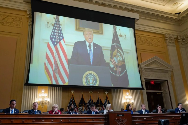 A video of President Donald Trump recording a statement on Jan. 7, 2021, is played, as the House select committee investigating the Jan. 6 attack on the U.S. Capitol holds a hearing at the Capitol in Washington, Thursday, July 21, 2022.