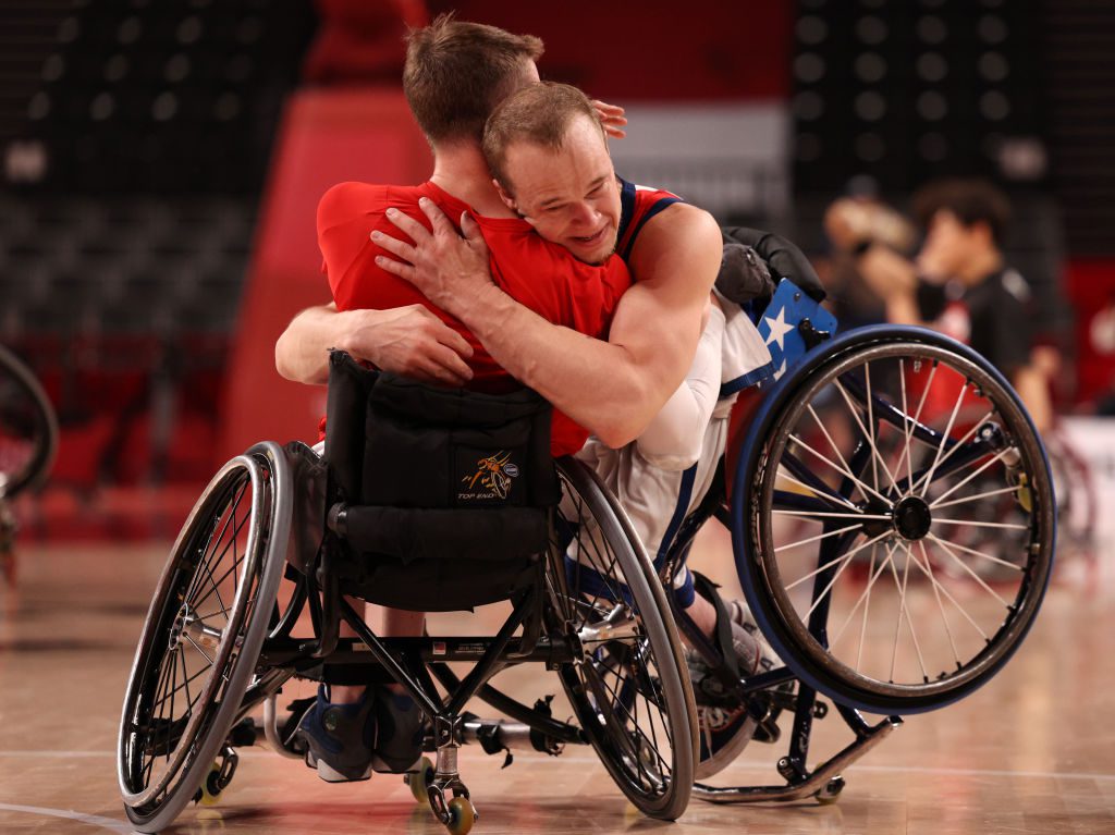 TOKYO, JAPAN - SEPTEMBER 05: John Boie #33 of team United States celebrate after defeating Team Japan during the men's Wheelchair Basketball gold medal game on day 12 of the Tokyo 2020 Paralympic Games at Ariake Arena on September 05, 2021 in Tokyo, Japan. (Photo by Adam Pretty/Getty Images)