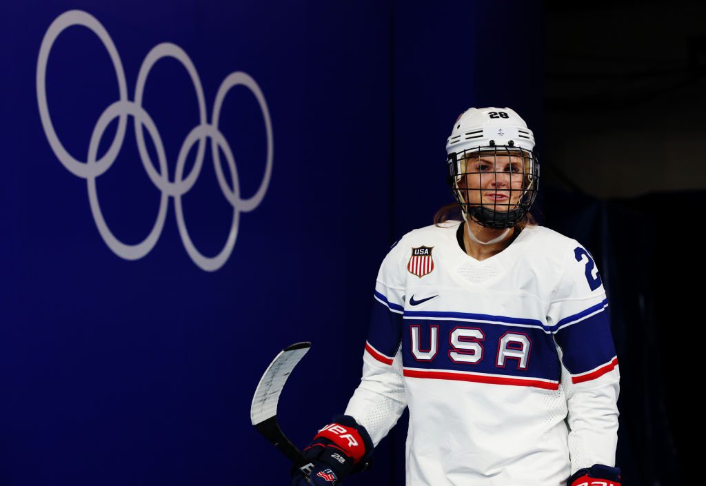 BEIJING, CHINA - FEBRUARY 06: Forward Amanda Kessel #28 of Team United States walks to the ice prior to the start of the game against Team Switzerland during the Women's Preliminary Round Group A match at Wukesong Sports Center on February 06, 2022 in Beijing, China. (Photo by Elsa/Getty Images)