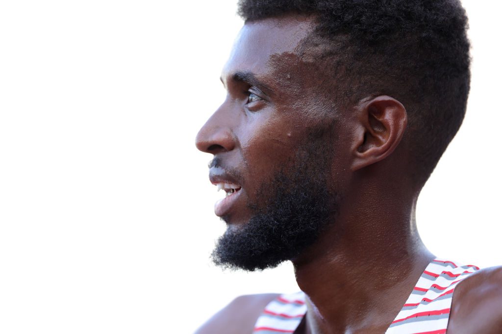 EUGENE, OREGON - JULY 21: Mohammed Ahmed of Team Canada reacts after competing in the Men's 5000m heats on day seven of the World Athletics Championships Oregon22 at Hayward Field on July 21, 2022 in Eugene, Oregon. (Photo by Carmen Mandato/Getty Images)