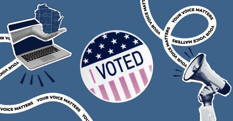 I Voted sticker on a branded elections background.