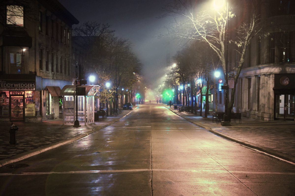 Empty Milwaukee street at night.