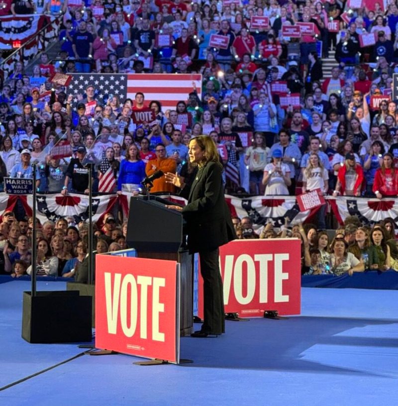 Kamala Harris speaks to a packed crowd at the Alliant Energy Center in Madison, WI during a rally-concert.