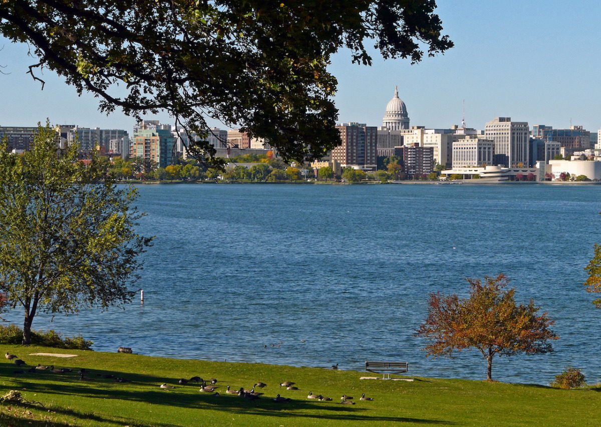Shot of the Madison, Wisconsin skyline and a park.