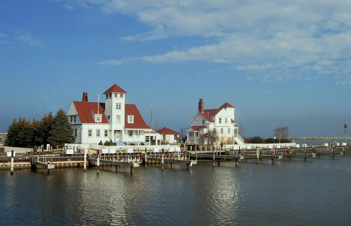 The 1865 Racine Harbor lighthouse and life saving station at the mouth of the Root River in Racine.